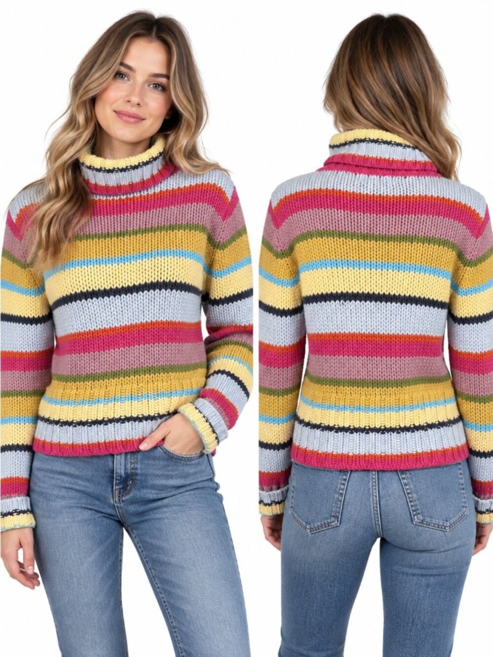 Chelsea Studio Multicolor Striped Chunky Knit Turtleneck Sweater Womens M Y2K